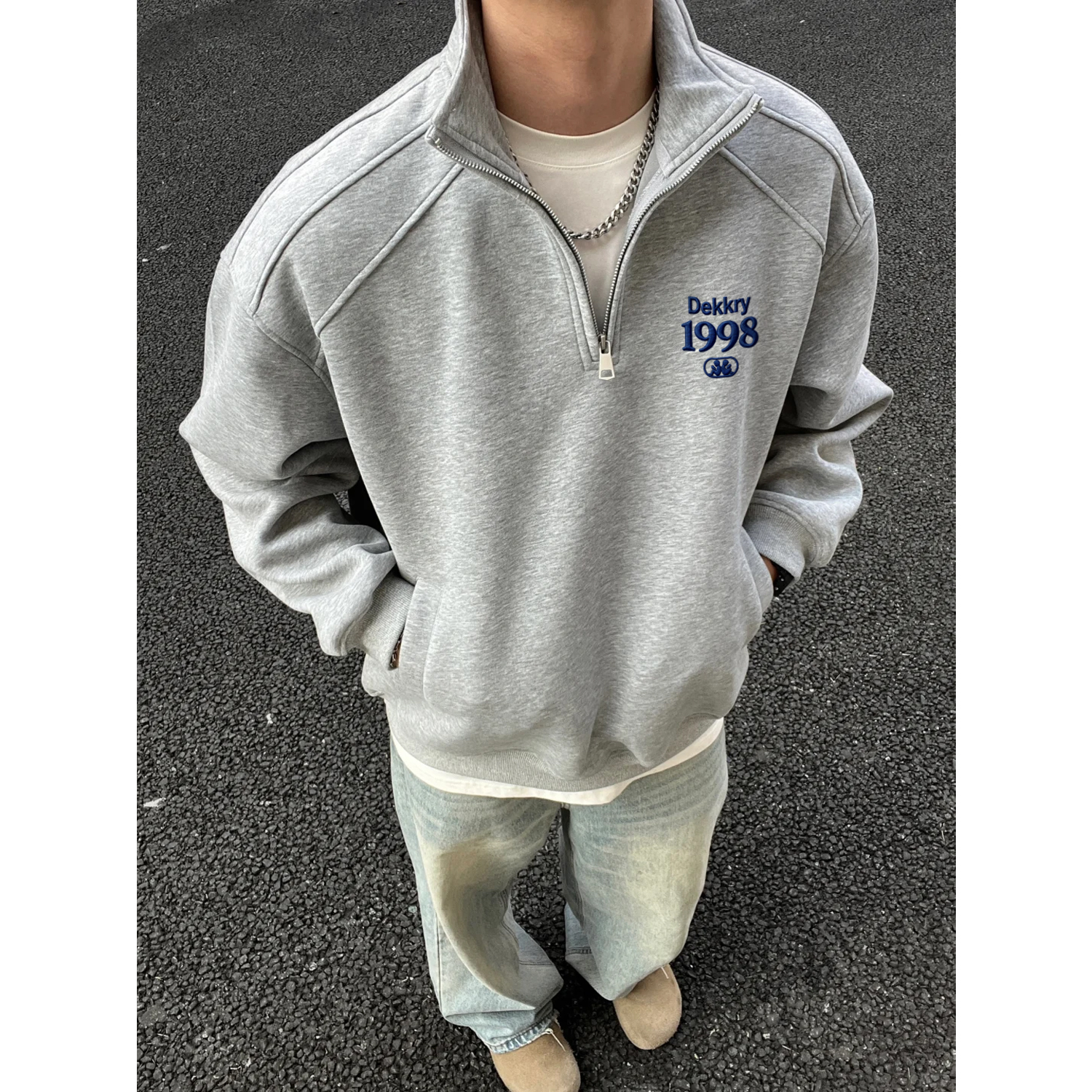 美式简约字母图标印花半拉链卫衣男女秋冬季百搭宽松休闲立领上衣