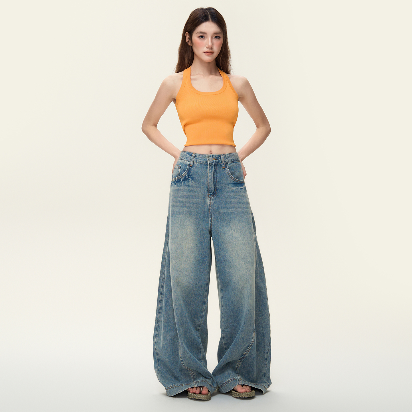 OROI美式复古做旧弯刀牛仔裤女新款高腰宽松显瘦百搭阔腿长裤子