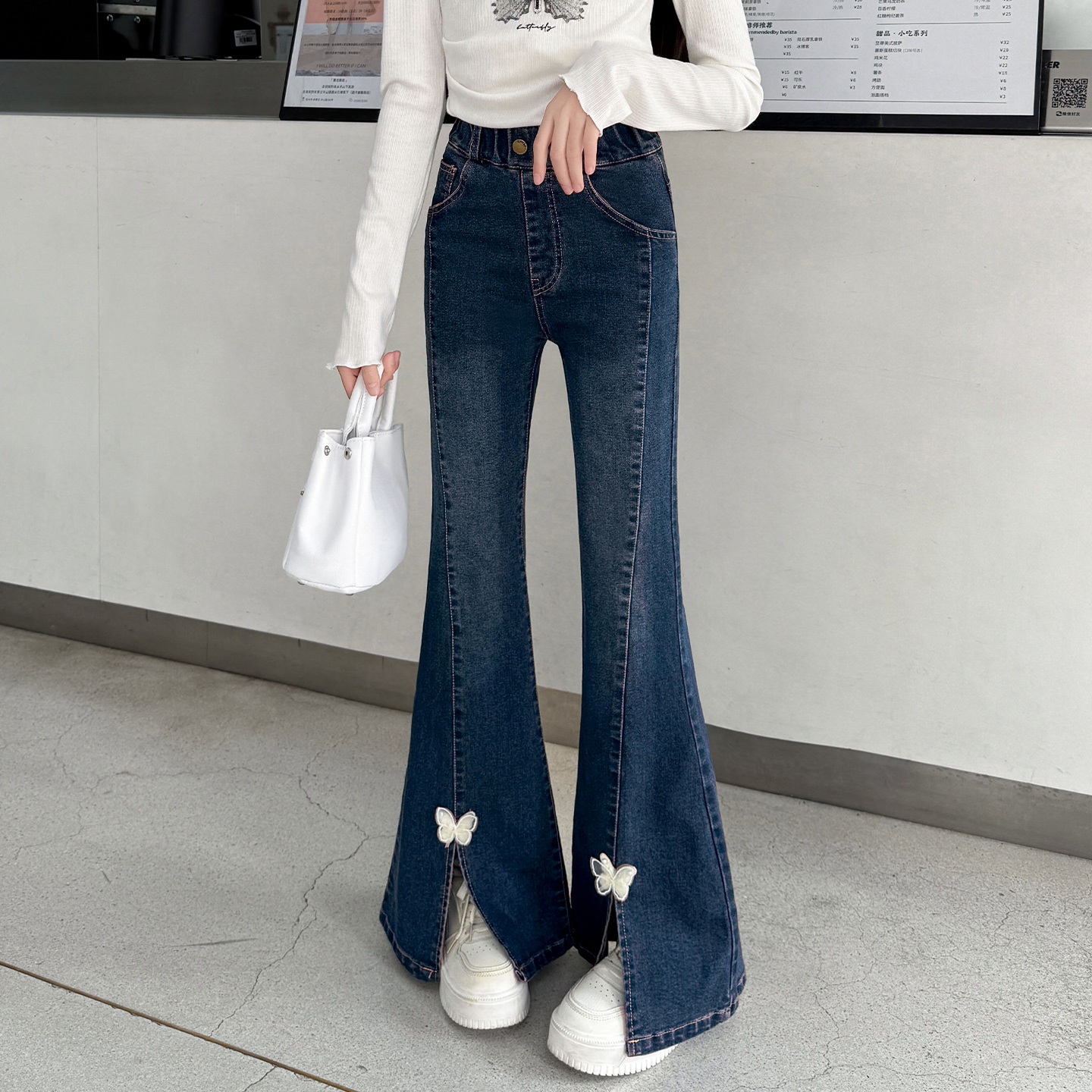 女童喇叭裤春秋款2025新款儿童裤子大童女孩秋装牛仔裤开叉微喇裤