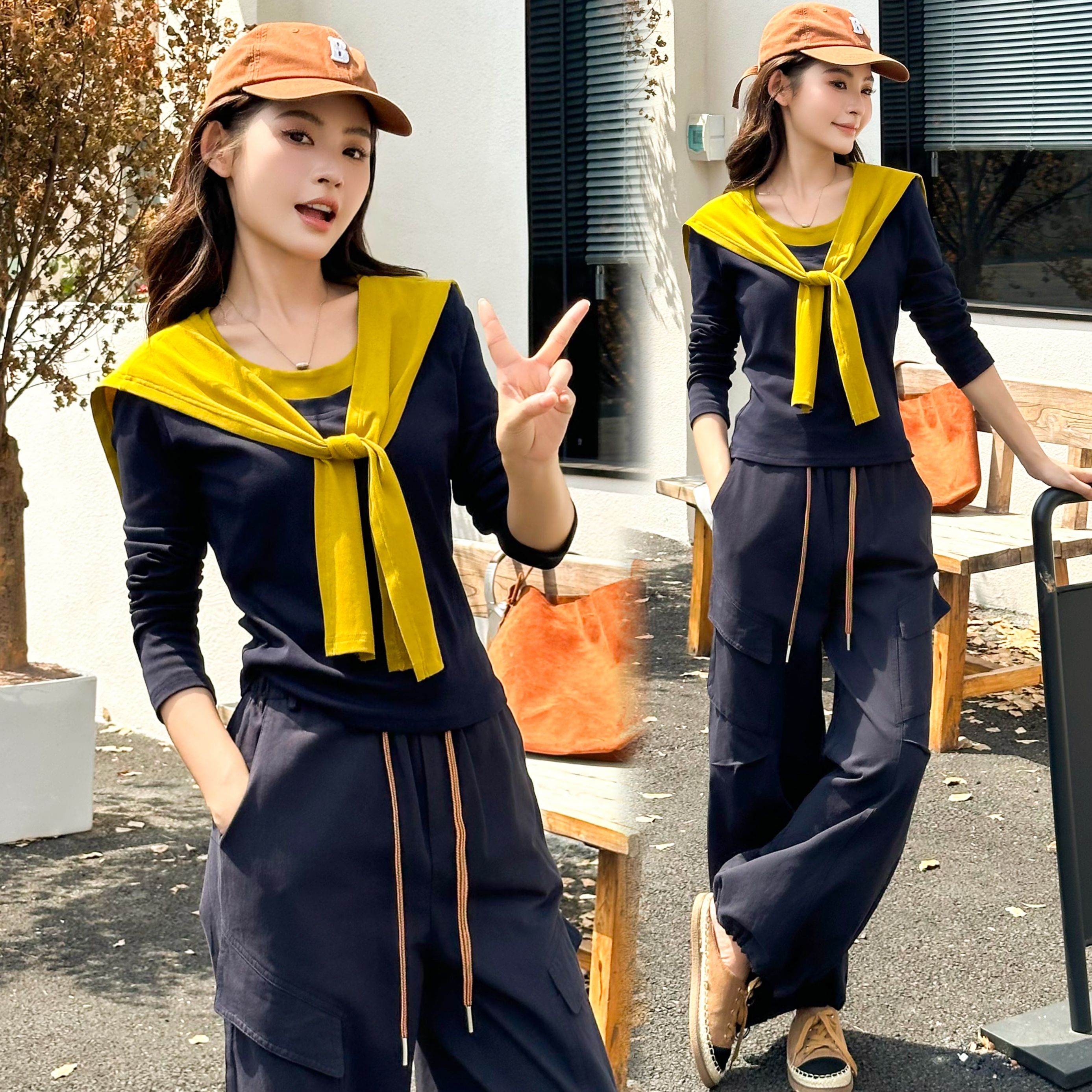 休闲风时尚套装女秋季2025新款气质减龄撞色T恤披肩阔腿裤三件套