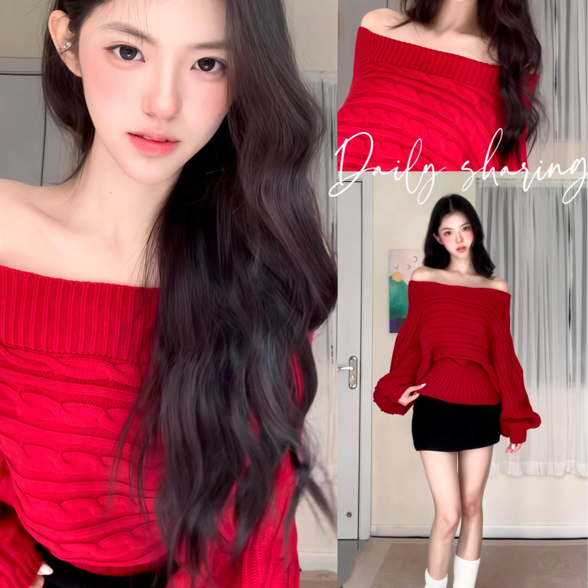 新年过年穿搭红色一字肩毛衣女秋冬季2025新款慵懒高级感针织上衣