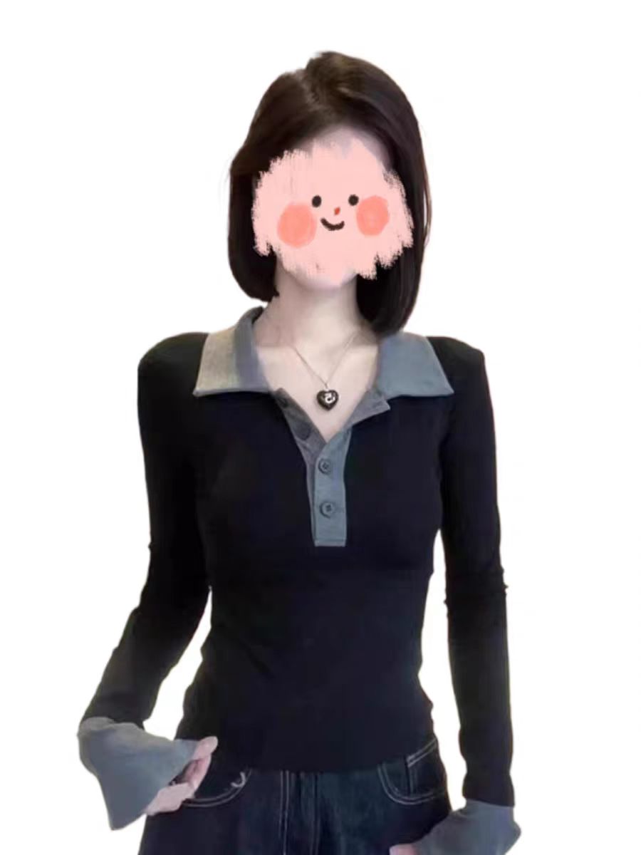 大码胖妹妹春秋冬季新款设计感撞色Polo领长袖显瘦内搭T恤女上衣