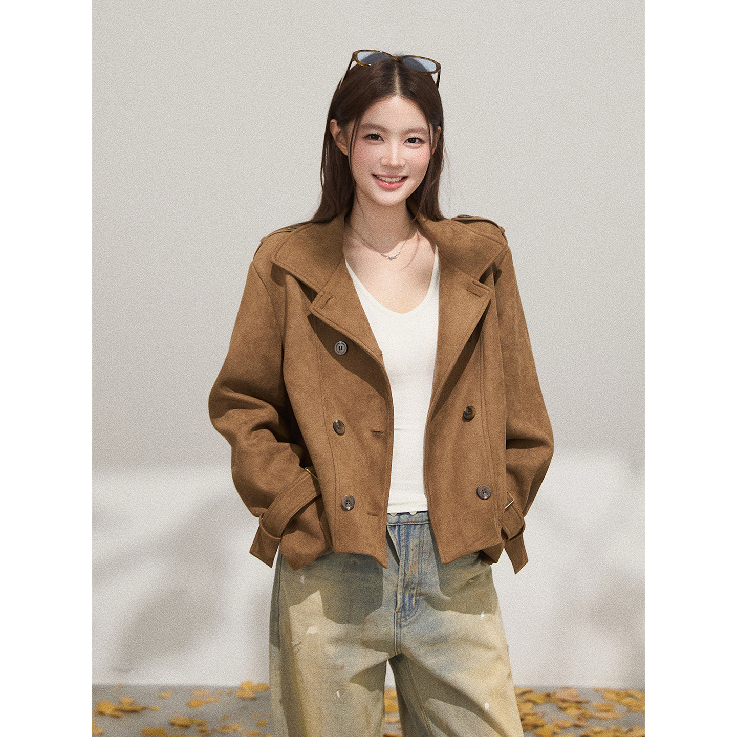 谢不肉 大翻领双排扣麂皮气质外套女秋复古休闲宽松显瘦上衣50642