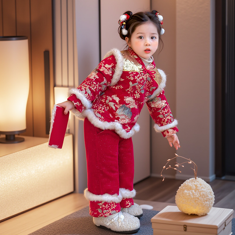 拜年服女童汉服国风棉服套装冬季儿童唐装新中式宝宝喜庆过年衣服