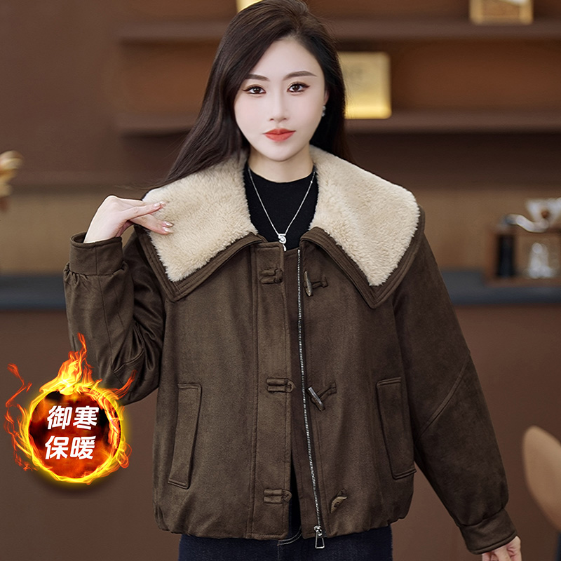 2025冬季新款大翻领加绒加厚韩版百搭外套时尚外套落肩袖INS风潮