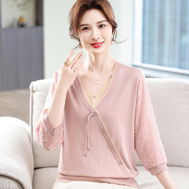 新中式针织衫女2025年春夏时尚宽松拼布纱袖女装上衣中年妈妈装