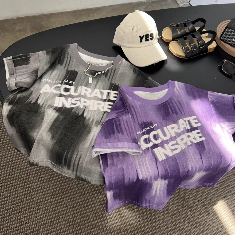 纯棉夏日儿童扎染水墨印花短袖t男童美式街头休闲圆领半袖T恤衫潮