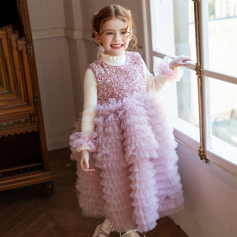 女童冬款粉色背心裙公主裙 秋冬新款加绒蛋糕花童生日礼服连衣裙