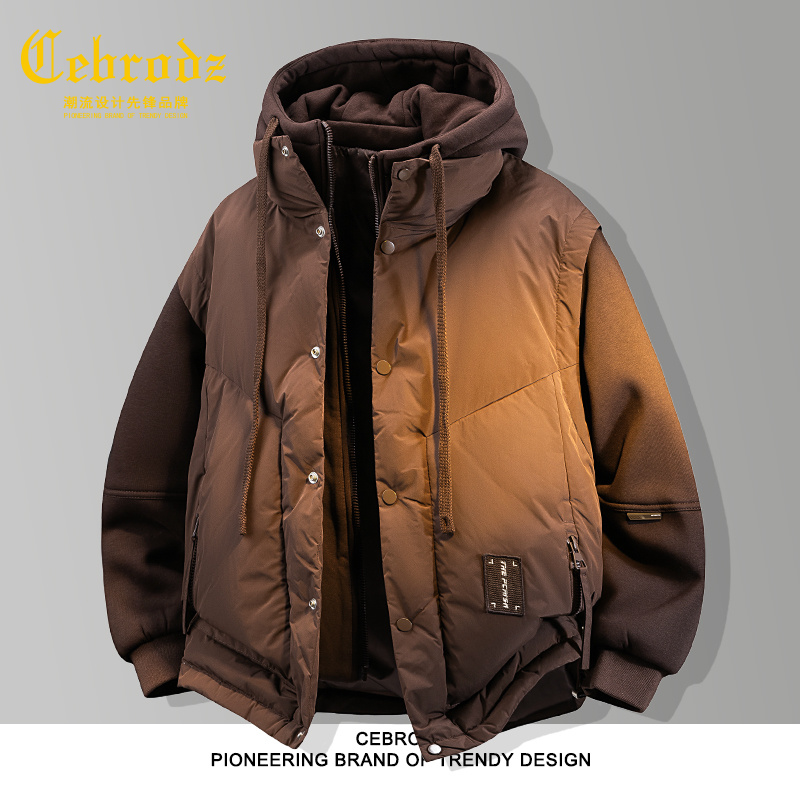 法国Cebrodz假两件连帽羽绒服男冬保暖拼接撞色防寒男士休闲外套