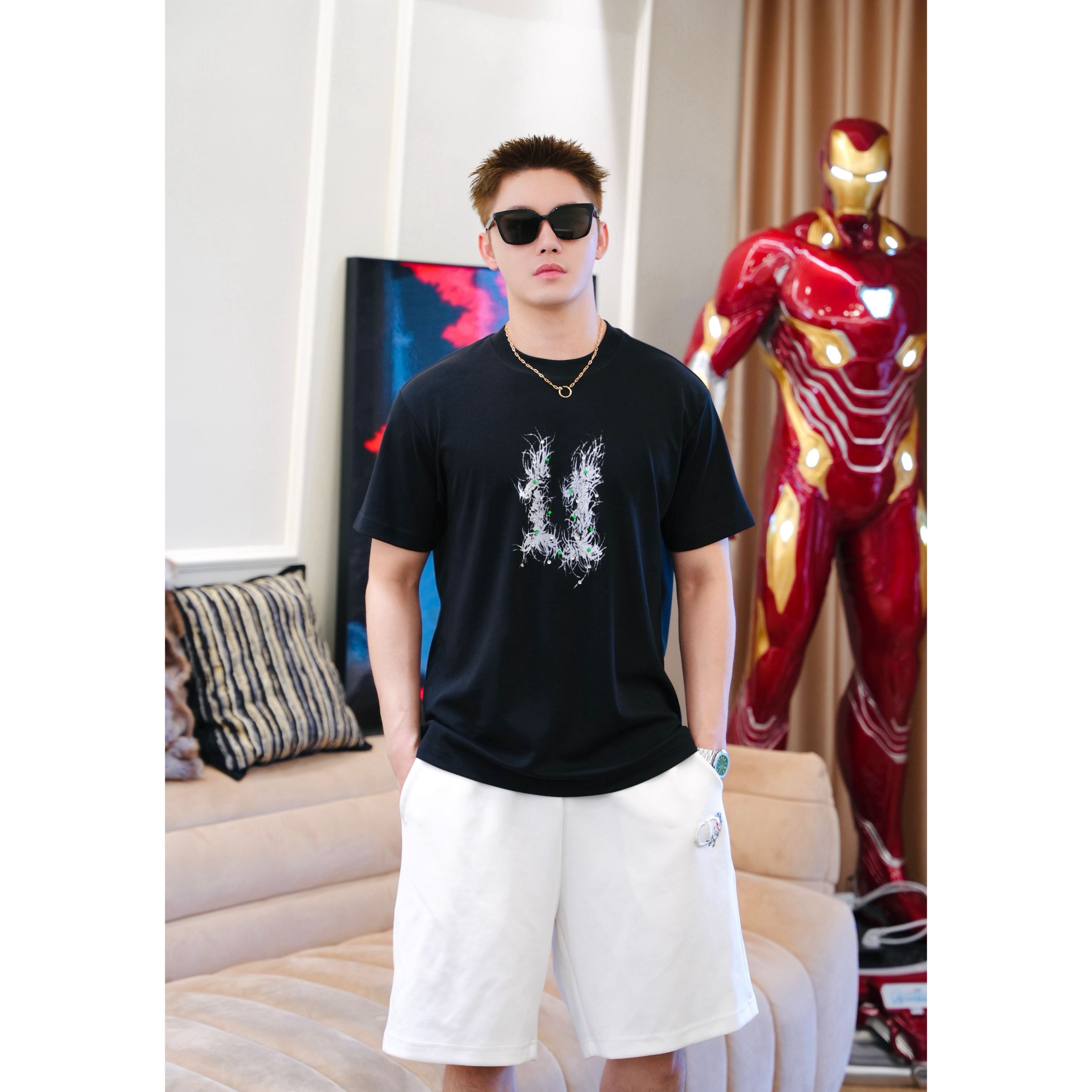 SAM【数字宝石】轻奢高端柔性液氨棉宝石钻花圆领高品质短袖T恤