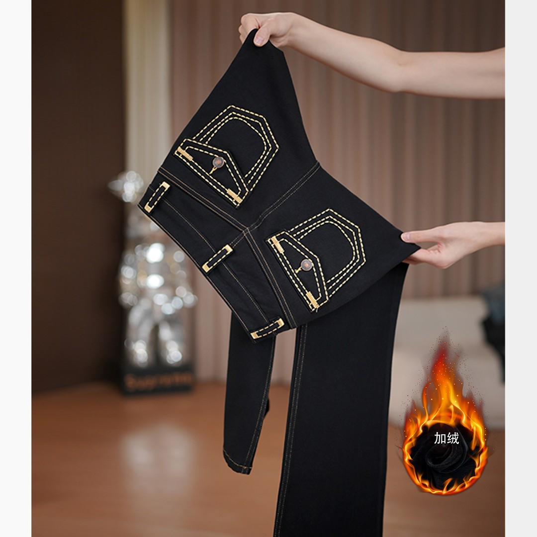 【加绒】女士牛仔裤爆款2025新款种草气质微喇裤显瘦高腰百搭黑色