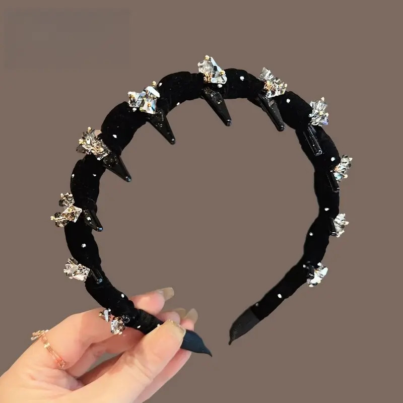 新款轻奢高颅顶头箍韩国丝绒水钻波浪发箍女洗脸防滑压发夹盘发器