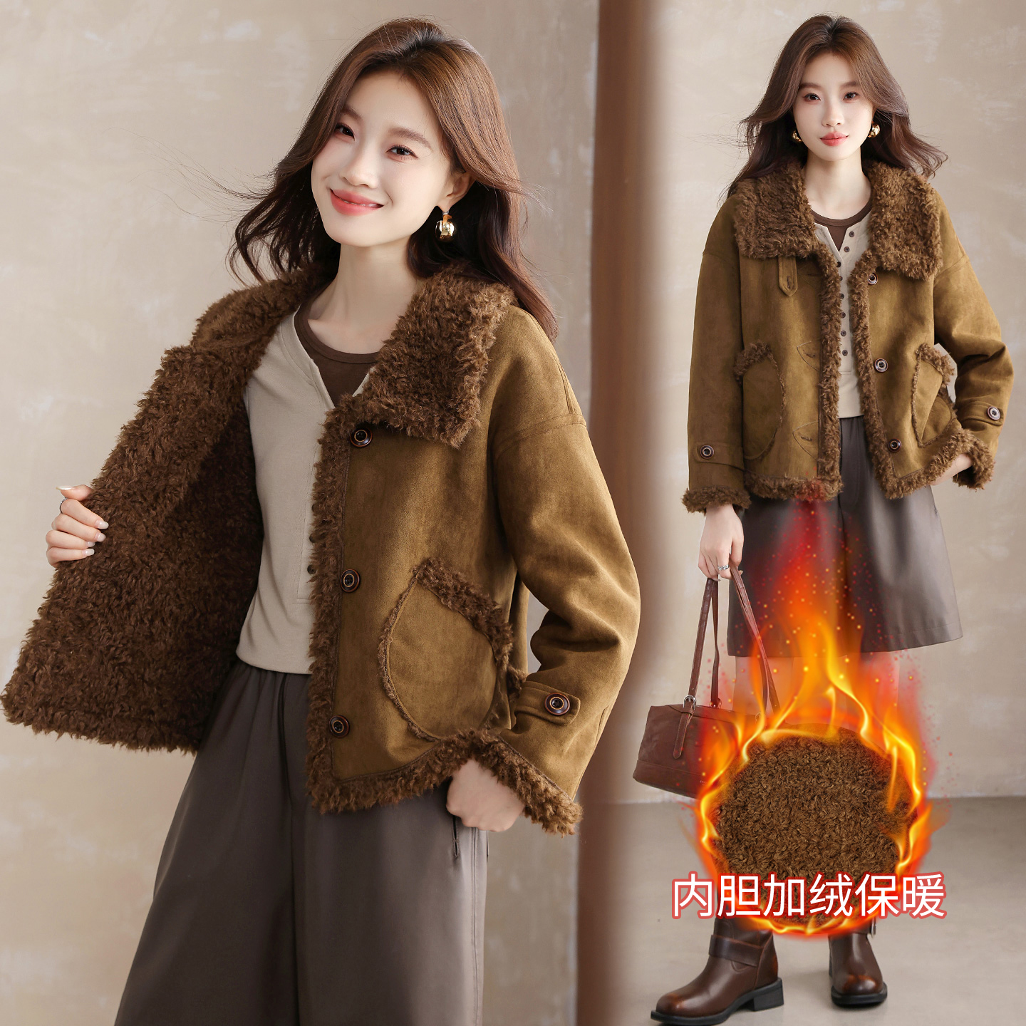 大衣拉链洋气厚款外套宽松型宽松冬季百搭女装短款时尚加绒加厚