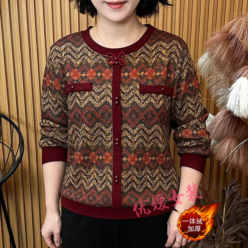 中老年女装冬季加绒圆领波浪纹蝴蝶结保暖显瘦洋气妈妈装长袖上衣