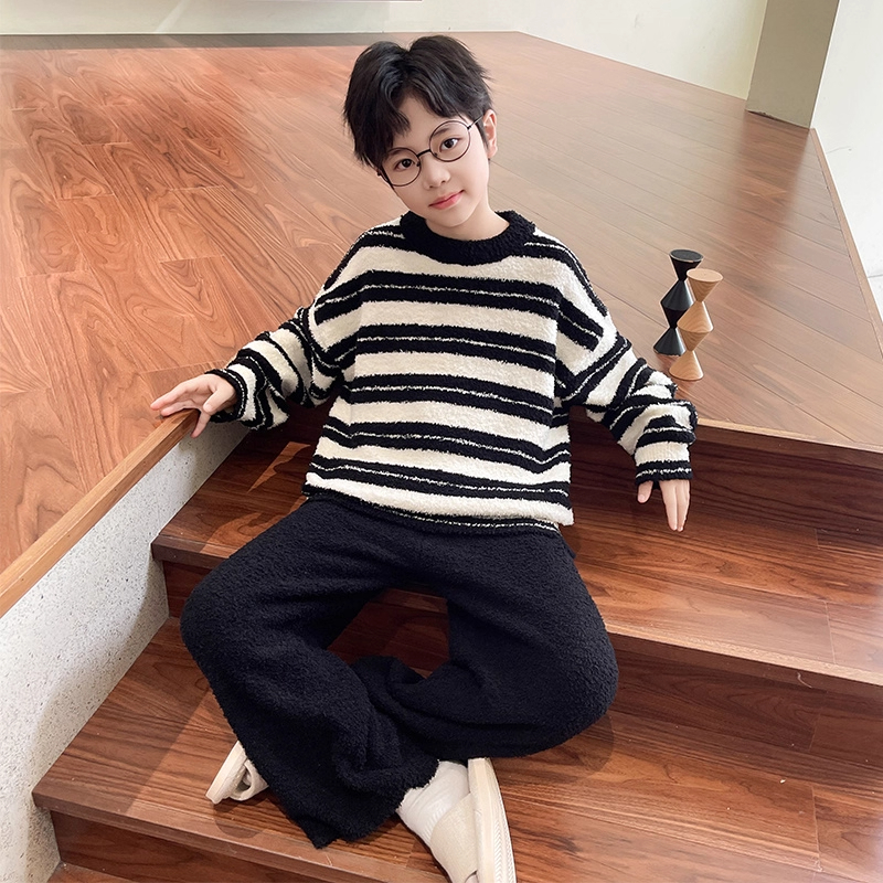男童秋冬季家居服2025新款法兰睡衣中大童男孩儿童珊瑚绒条纹套装