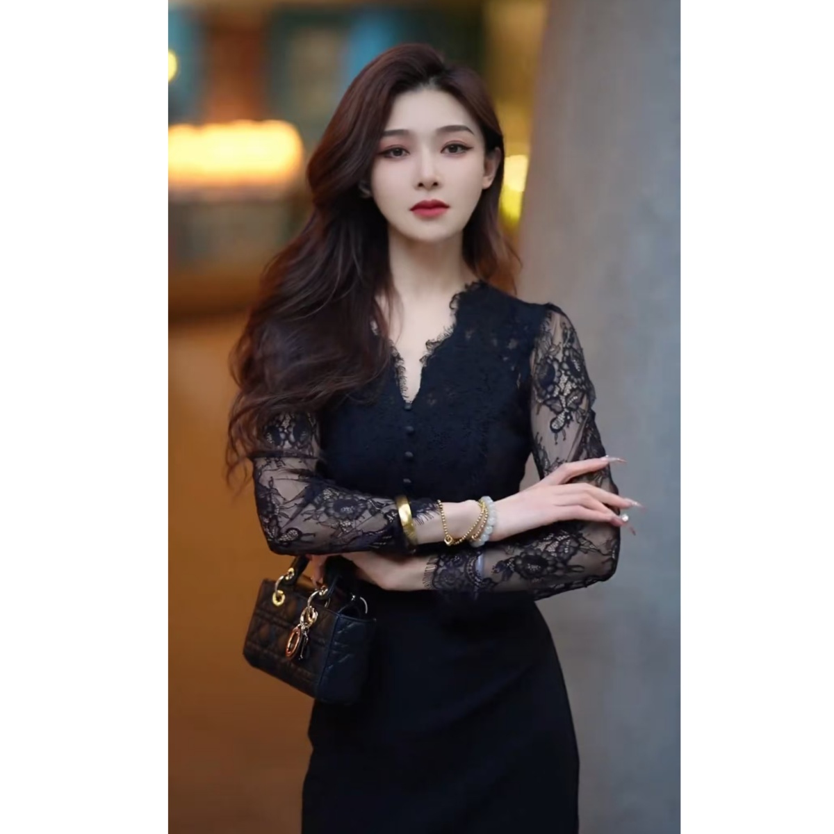 名媛风时尚气质连衣裙2025秋季新款黑色蕾丝花边衬衫中长款包臀裙