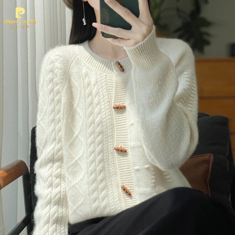 皮尔卡丹纯羊毛女宽松外搭麻花针织衫小香风外穿毛衣爆款秋冬高级