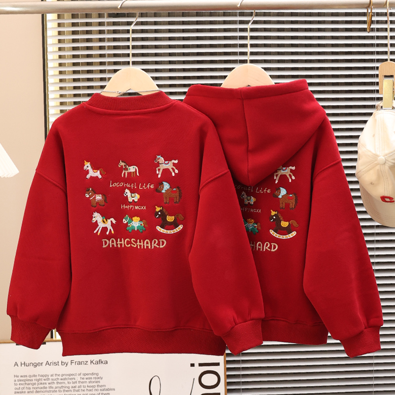 刺绣红色年服儿童加绒卫衣2025新款男女童秋冬装加厚保暖上衣宽松