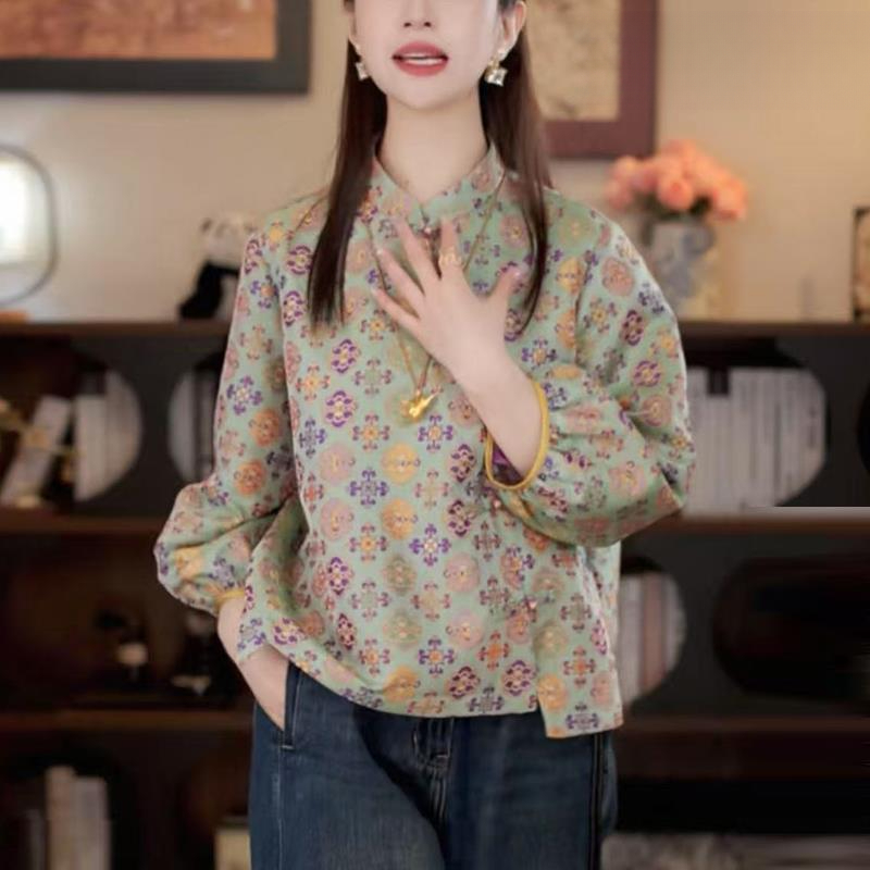 新中式宋锦唐装衬衫七分袖真丝衬衣女春秋新款国风盘扣桑蚕丝上衣