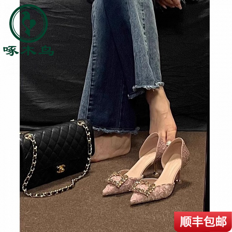 啄木鸟细跟欧美风气质水钻高跟鞋女细伴娘新款婚鞋中空爆款浅口尖