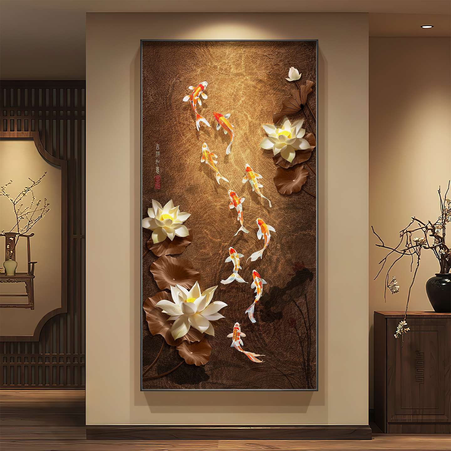 新中式九鱼聚财图入户玄关装饰画2025新款正对门进门走廊过道挂画