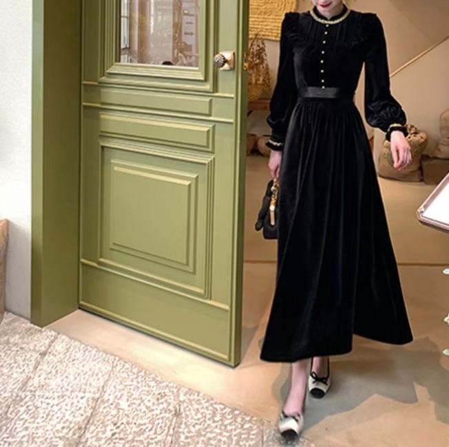 罗曼【金色宫殿】法式秋冬连衣裙秋季新款高腰荷叶边修身裙子L1496