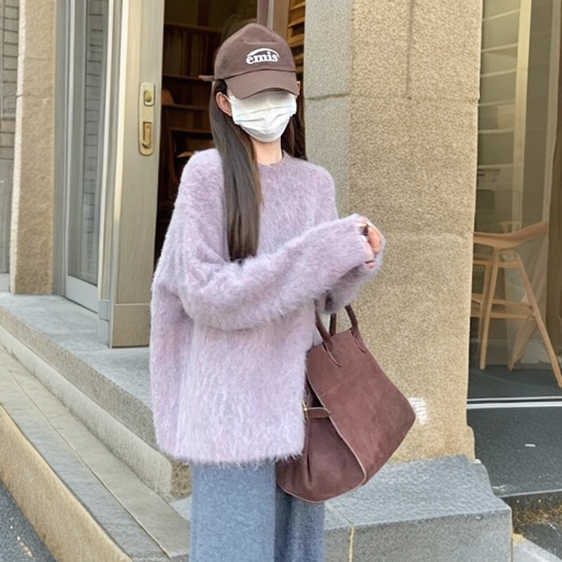 紫色显白圆领厚款针织衫春秋新款宽松慵懒风套头软糯内搭针织毛衣