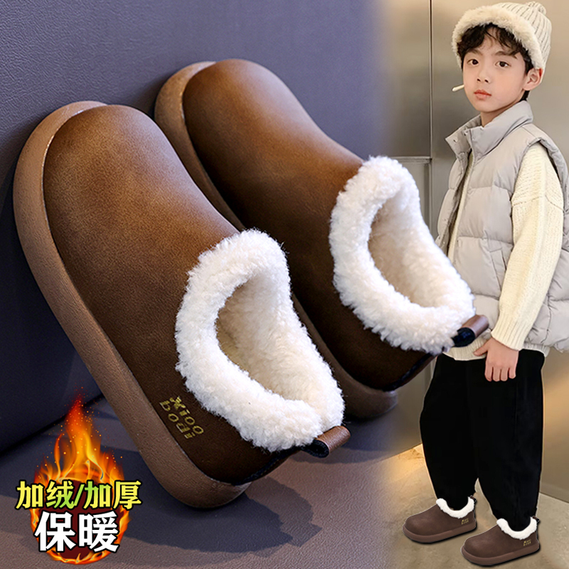 阿童木童鞋男童2025新款冬季儿童加绒运动棉鞋男孩皮面防滑勃肯鞋