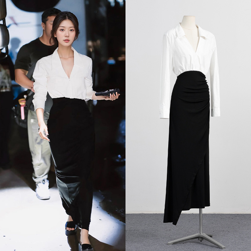 赵露思同款黑白拼接撞色连衣裙气质减龄修身中长款包臀裙子