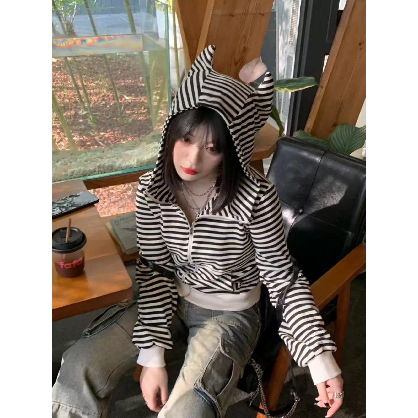 小恶魔角条纹拉链连帽卫衣2025秋季设计美式小众短款开衫外套上衣