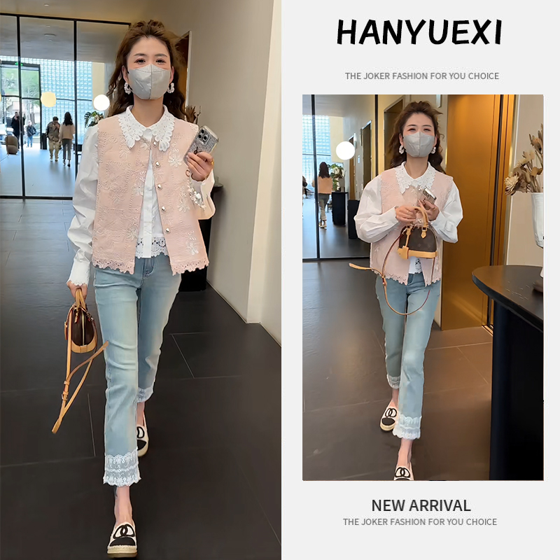 今年流行穿搭一整套2025新款翻领衬衫马甲外套蕾丝牛仔裤三件套装