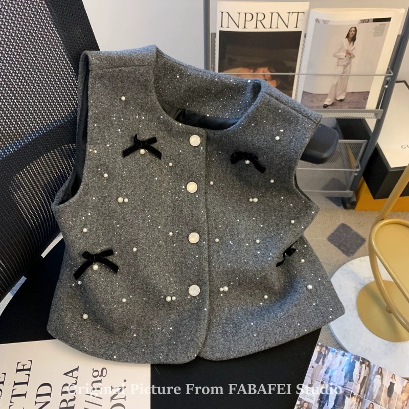 法式立体蝴蝶结小香风马甲女秋2025重工钉珠背心高级感细闪小上衣