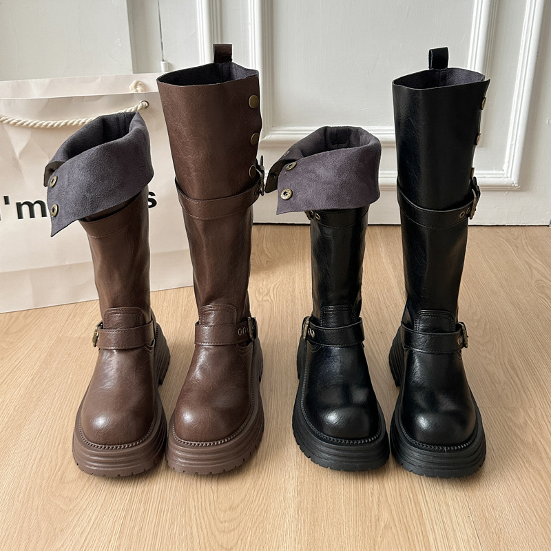 美拉德棕色时尚长筒靴女2025秋冬新款粗腿增高骑士靴小个子高筒靴
