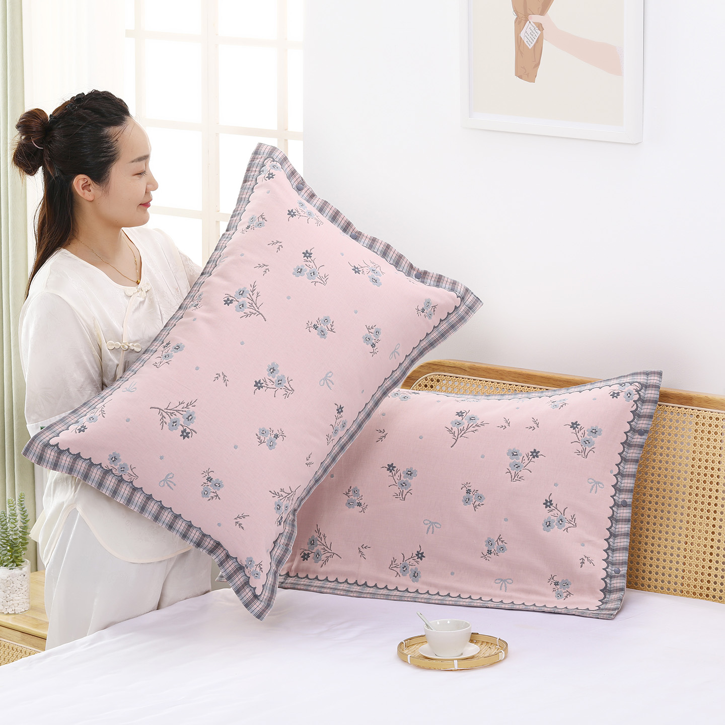 韩系按扣纯棉纱布枕套一对装四季新款加厚柔软家用全棉枕头内胆套