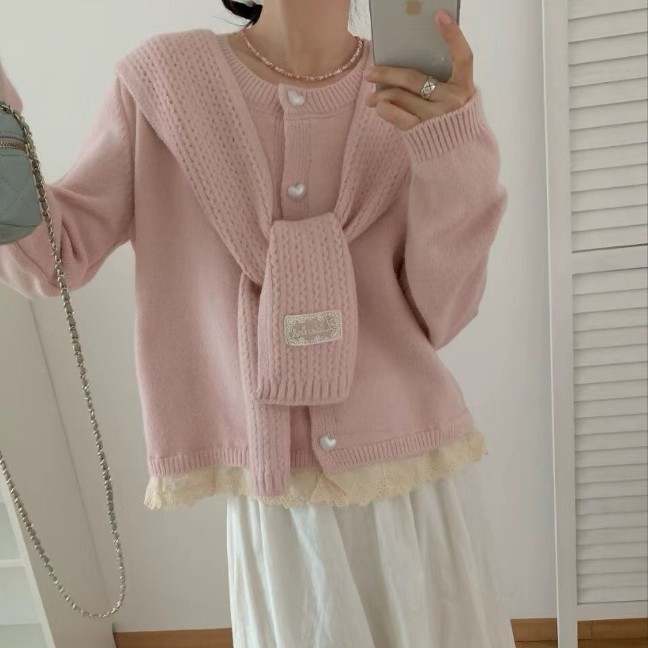 针织毛衣短款女加厚带围巾两件宽松秋冬加厚外穿打底韩版工厂直销