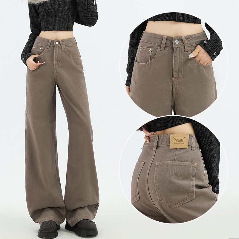 蜜蜜穿搭棕色美式高街风宽松直筒裤2025冬季垂感不贴腿女士牛仔裤