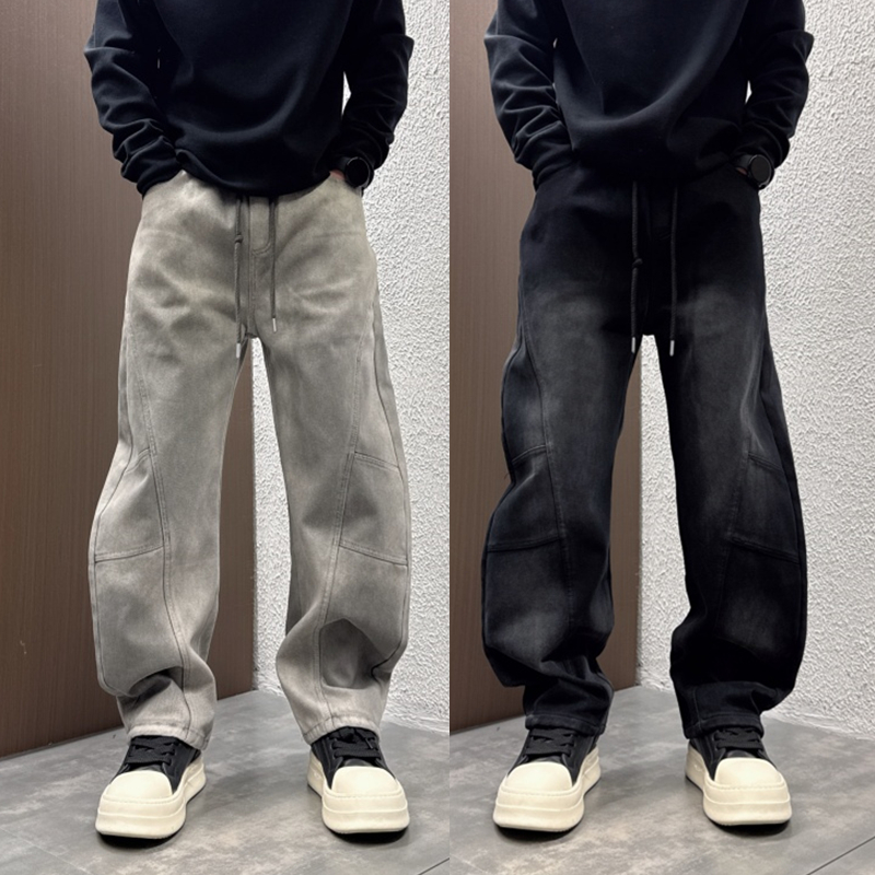 美式高街垂感直筒百搭加绒加厚水洗做旧宽松抽绳拼接阔腿牛仔长裤