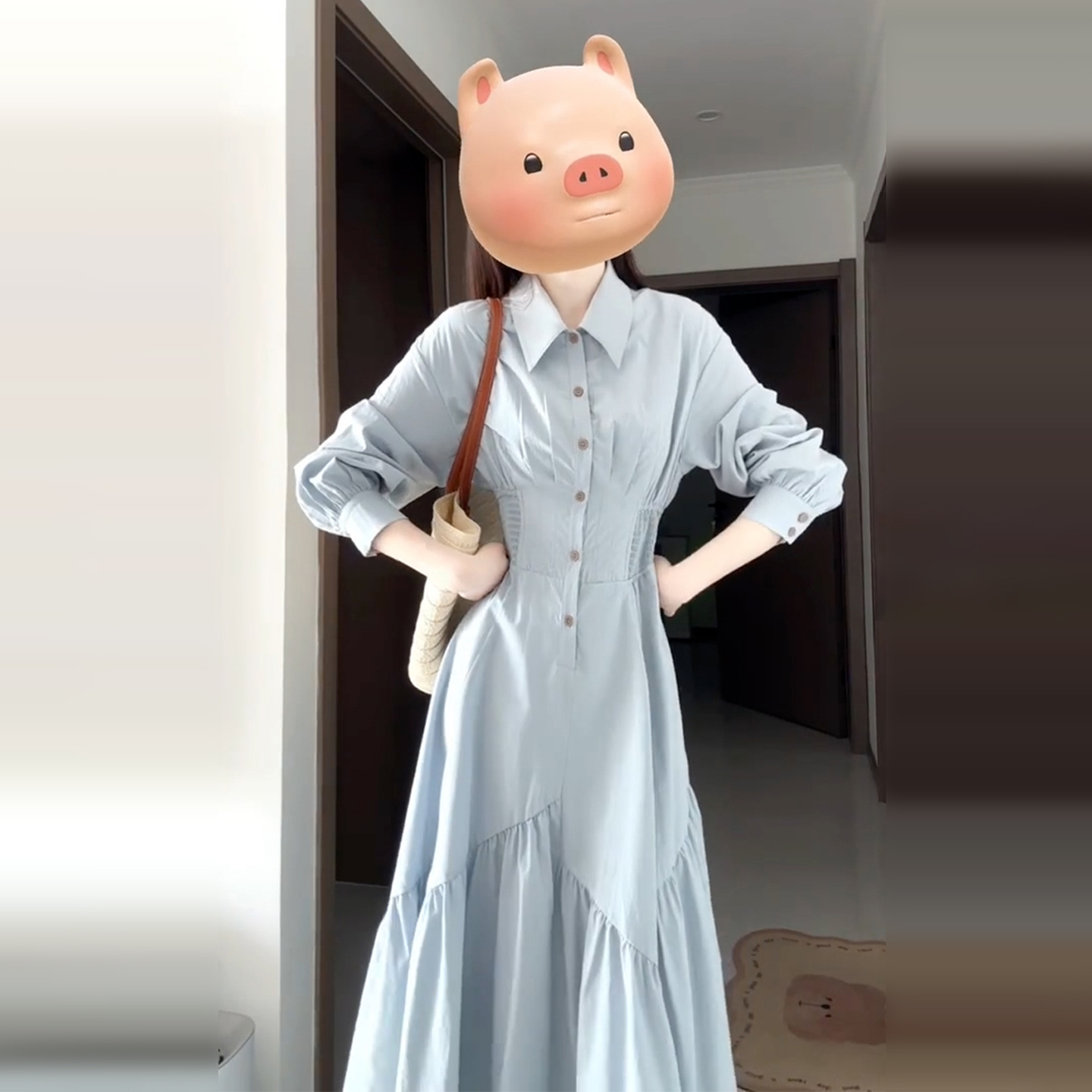 法式蓝色长袖衬衫连衣裙子女早秋季2026新爆款高级感收腰气质长裙