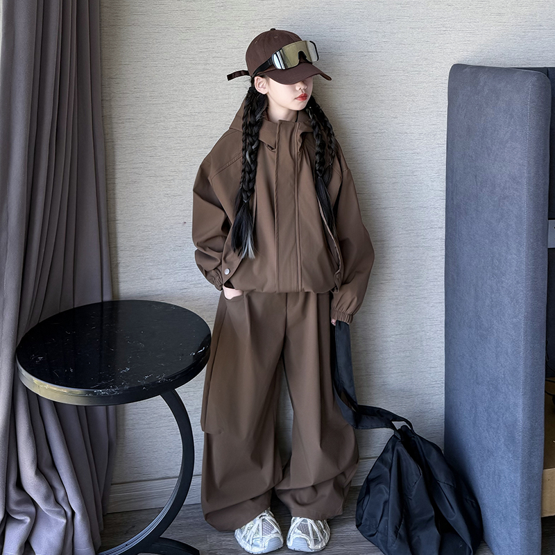 女童2025春秋时髦洋气中大儿童女孩韩版冲锋衣外套阔腿裤子两件套