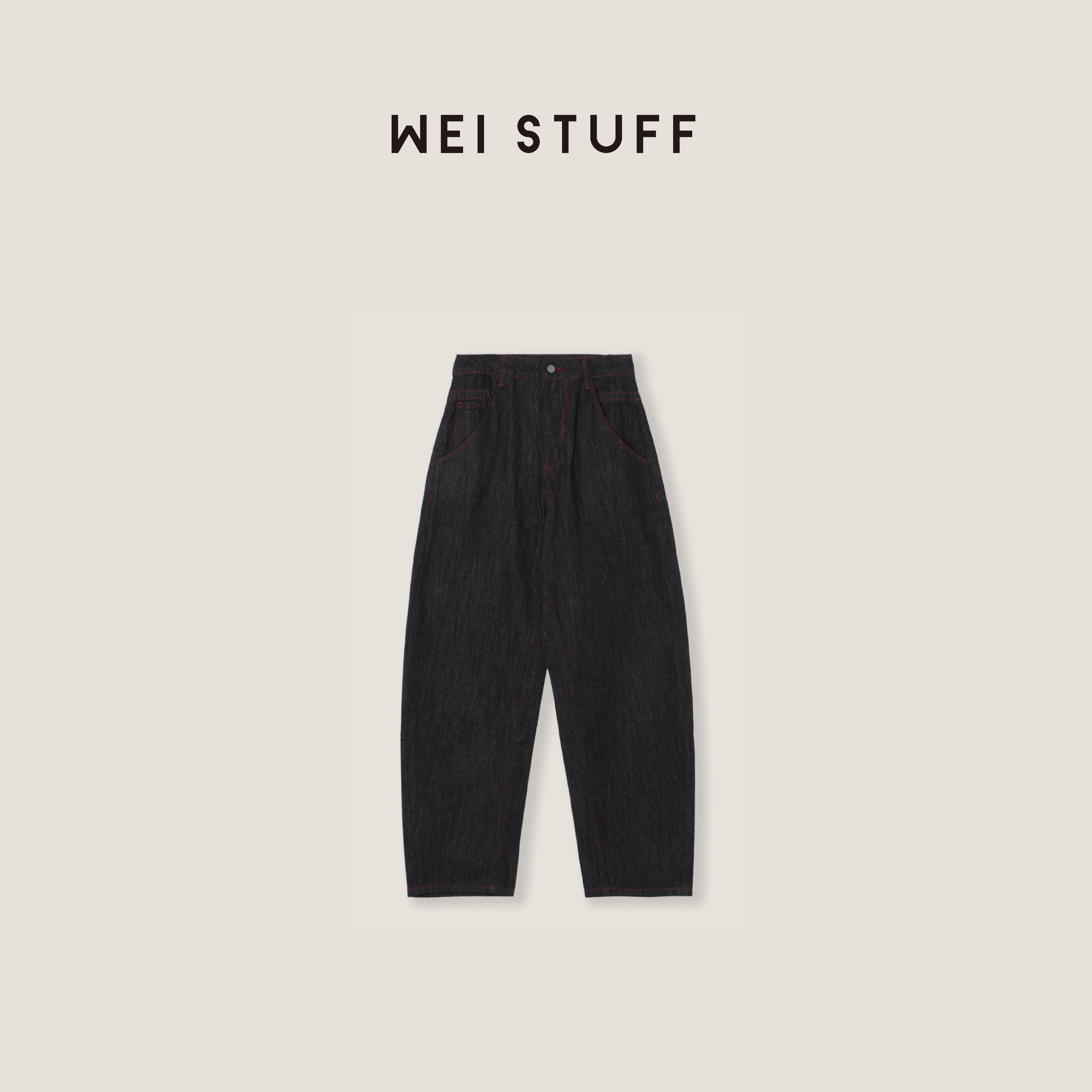 WEI STUFF  “摩登时髦” 红色明线复古百搭宽松休闲牛仔裤 9575