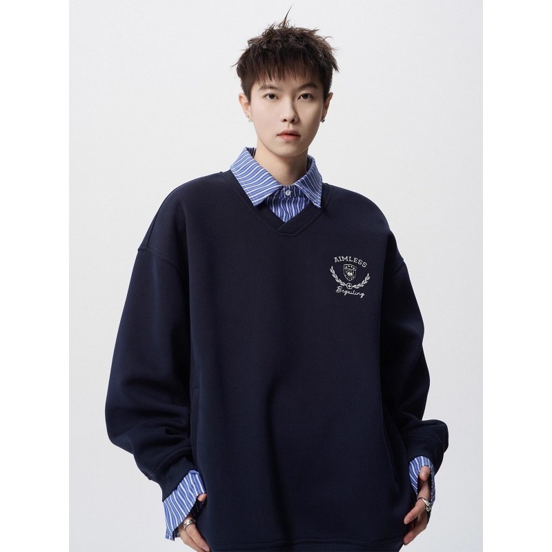 美式假两件情侣卫衣男秋重磅潮牌学院风长袖上衣设计感衬衫领外套