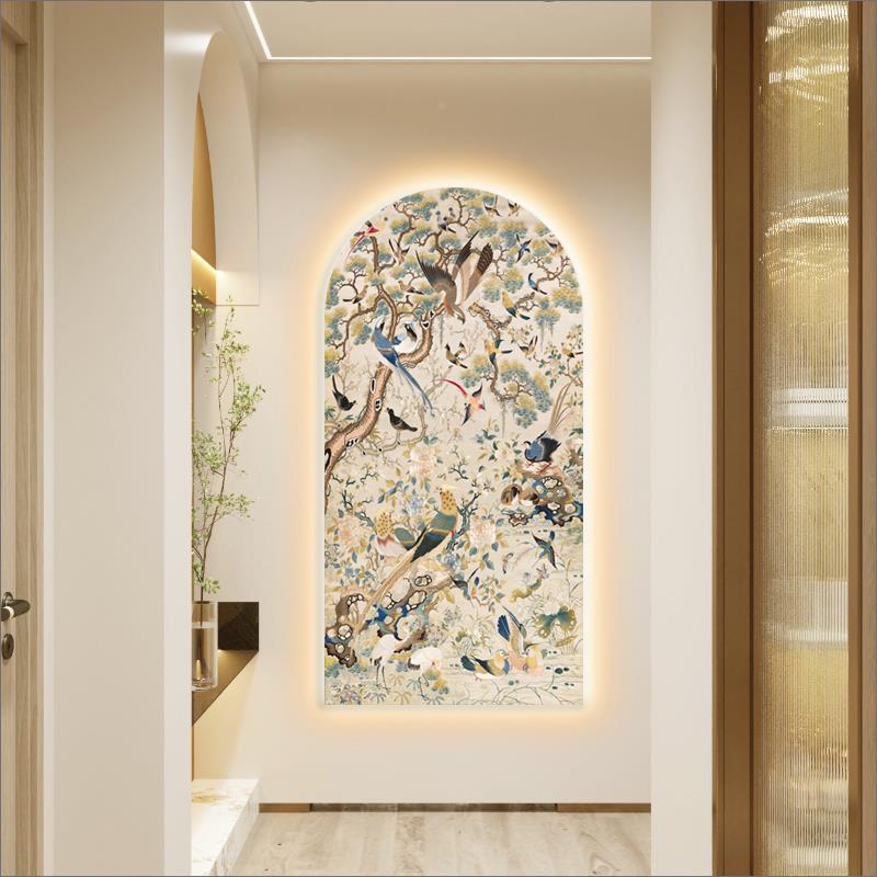 法式入户玄关装饰画现代led灯光挂画花鸟祥和图走廊过道客厅壁画