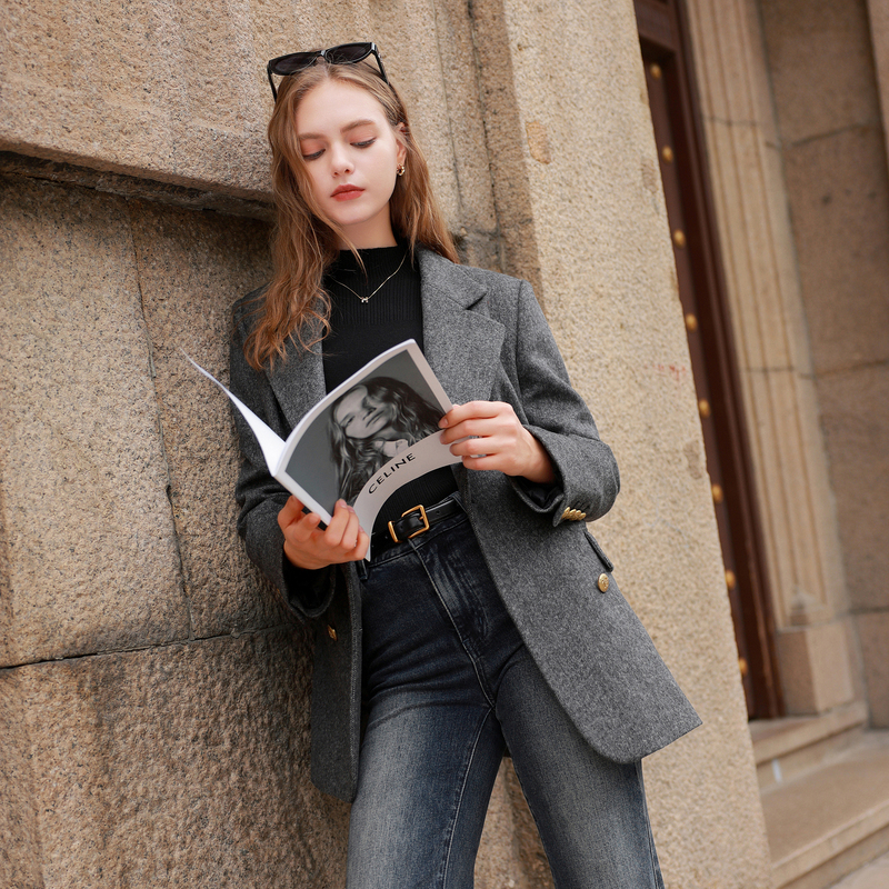 【95白鹅绒】三彩2025冬季新款中长羽绒服绵羊毛呢外套西装领女M