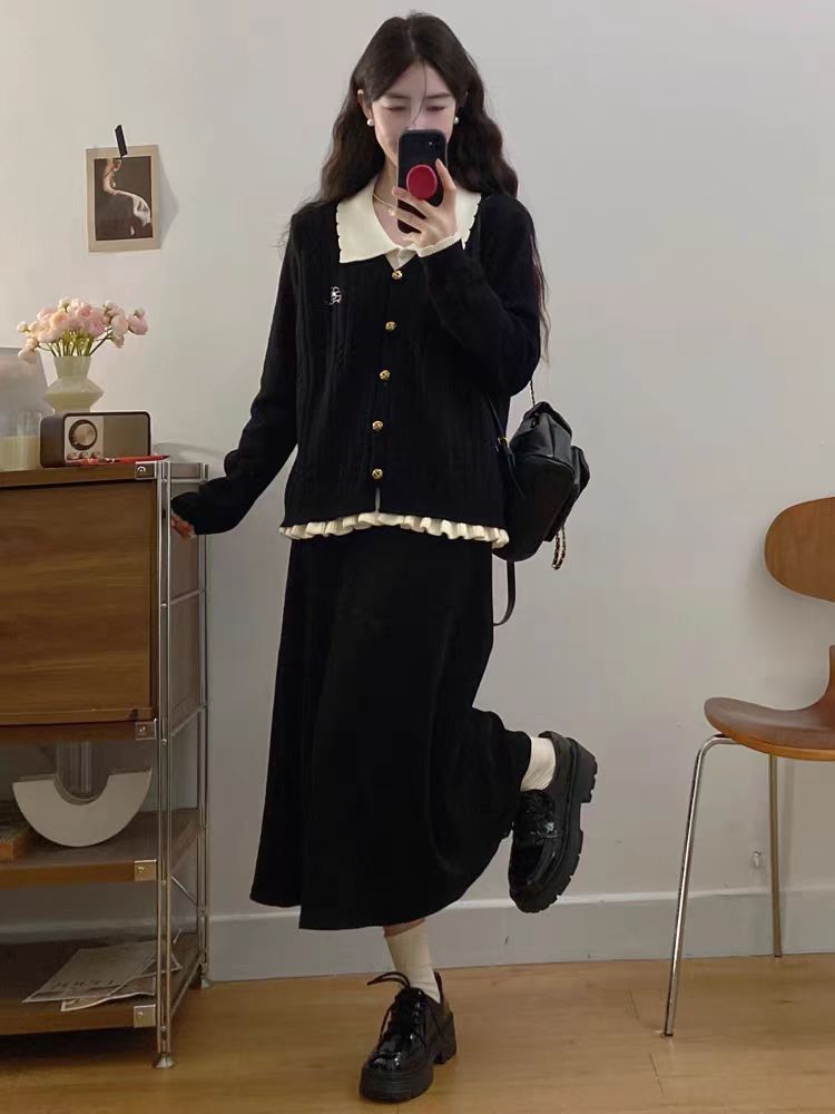 9207#娃娃领正肩针织女春秋款大码胖mm假两件上衣秋冬针织衫时尚