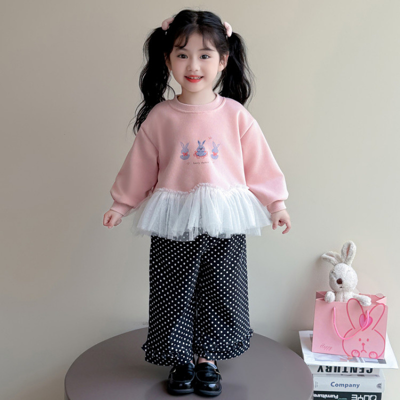 【高品质】巴拉拉女童春秋网纱拼接时尚卫衣套装2025新款儿童波点洋