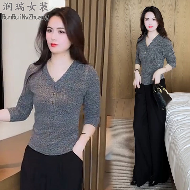 极简风时尚套装女2025秋季新款轻熟风V领显瘦长袖阔腿裤两件套潮