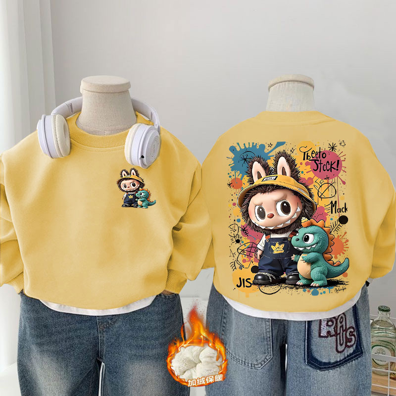 男童帅气潮酷拉布布圆领加绒卫衣中大童宝宝秋冬季新款韩范上衣潮