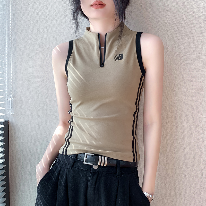 双色拉链立领无袖背心女2025春季新款修身字母印花开衫内搭打底衫