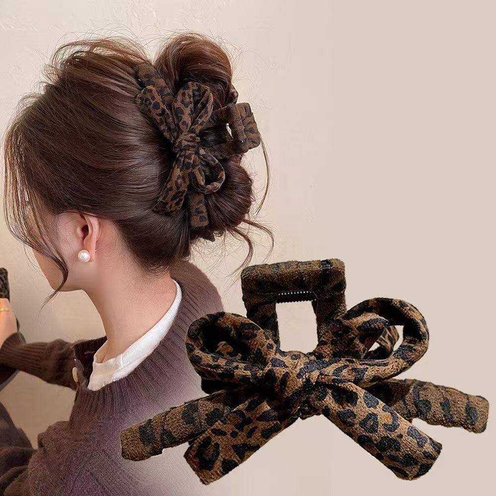 法式复古豹纹蝴蝶结抓夹高级鲨鱼夹后脑勺发夹发饰2025新款发夹女