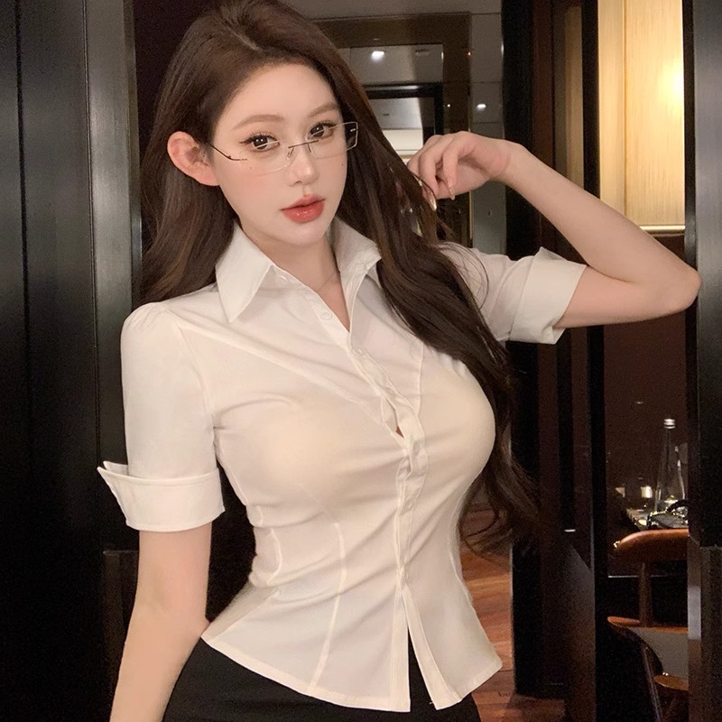 收腰白衬衫女职业工作服套装夏修身性感短袖衬衣设计感秘书OL制服